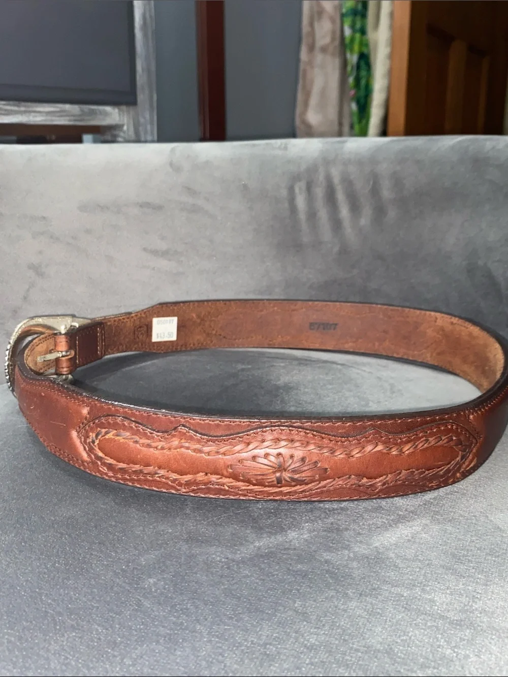 Vintage 1991 3D Belt Co Tooled Leather Western Ranger Belt Silver Hardware